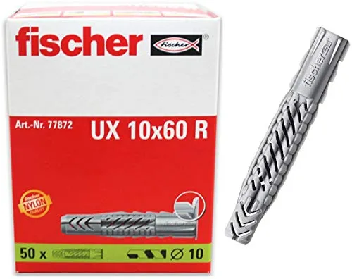 fischer Universaldübel UX 10 x 60 R, Schachtel mit 50 Nylondübeln, Allzweckdübel mit Rand, für optimalen Halt bei Befestigungen in Beton, Gipskarton, Kalksand-Lochstein uvm., Standard, 6x35
