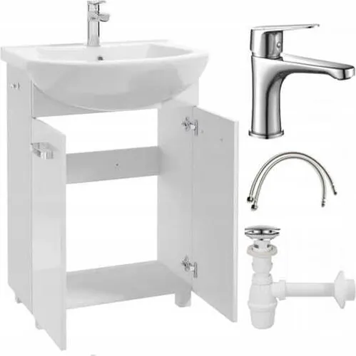 Badezimmerschrank Mila mit Waschbecken 60cm - Badezimmerschrank Mila, stehend und weiß glänzend, ideal für kleine Bäder. Bietet zusätzlichen Stauraum und modernes Design mit integriertem Einhebelmischer und Siphon.