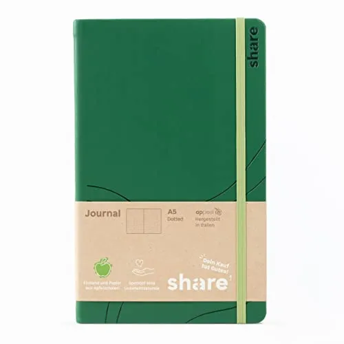 share Journal A5 punktkariert – Notizheft spendet eine Unterrichtsstunde für ein Schulkind – Upcycling Notizbuch aus Apfelschalen – grün