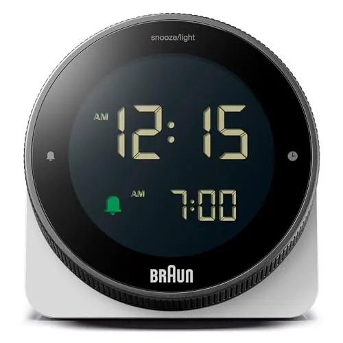 Braun Digitalwecker mit Schlummerfunktion, negativer LCD-Anzeige, drehbarer Lünette für schnelle Zeiteinstellung, Crescendo-Piepton-Alarm in Weiß, Modell BC24W.