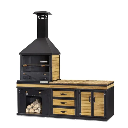 Outdoorküche für Terrasse und Garten - Robuste Grillküche - Kategorie: Außengrills. Diese freistehende Grillküche aus Holz und Edelstahl bietet einen großzügigen Kochbereich von 60 x 40 cm und überzeugt durch ihre robuste Bauweise. Ideal für gesellige Grillabende!