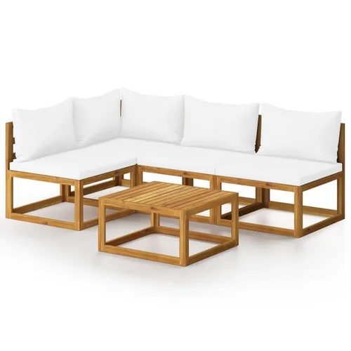 vidaXL 5-tlg. Garten-Lounge-Set mit Auflagen - Creme - Gartenmöbel aus massivem Akazienholz, witterungsbeständig und ideal für entspannte Momente im Freien. Modularer Aufbau für individuelle Anordnung und hohen Sitzkomfort durch dicke Polster.