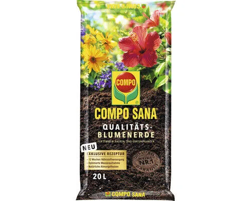 COMPO SANA® Qualitäts-Blumenerde 20 L - Blumenerde für alle Zimmerpflanzen, Balkon- und Gartenpflanzen, sorgt für optimales Wurzelwachstum und Nährstoffversorgung.