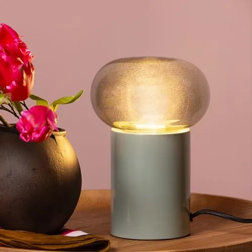 Lighthbox moderne Nachttischlampe - 25 cm Höhe & 15 cm Durchmesser - Tischleuchte mit Glas Abdeckung in Rauchfarben & Schalter - für Schlafzimmer - E27 Fasssung max. 25W - aus Glas/Metall in Grau/Grün