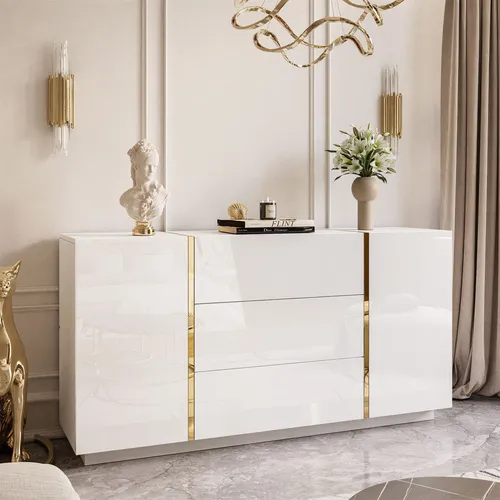 Kommode ONYX mit Schubladen - Weiß Hochglanz Push-Open - Moderne Kommode für stilvolle Innenräume, mit glänzenden Fronten und goldfarbenen Akzenten. Ideal zur Reduzierung von Unordnung und als elegantes Möbelstück in Ihrem Wohnzimmer.