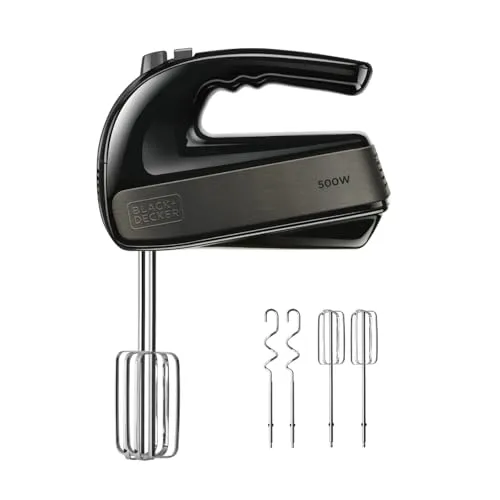 Black + Decker Handmixer BXMX500E - Leistungsstarker 500 W Mixer - Handmixer mit 5 Leistungsstufen und Turbo-Funktion, ergonomisches Design für optimalen Komfort beim Rühren, Schlagen und Kneten.