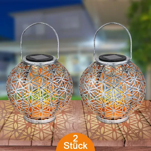 Solarleuchte Garten Laterne 2er Set - Stilvolle Solarlampe für den Außenbereich - Außenleuchten - 2er Set elegante Solarlaterne aus silberfarbenem Metall, IP44 spritzwassergeschützt und bis zu 8 Stunden Leuchtdauer bei voller Aufladung. Perfekt zur Verschönerung Ihres Gartens!