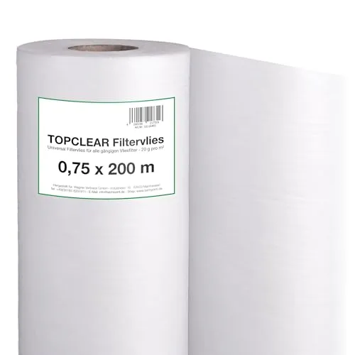 Filtervlies für Vliesfilter | Vliesrolle 200m x 75cm 20g/m² | für alle Koi Teich Vlies-Filter geeignet | hydrophiles wasserdurchlässiges Fleece | 750mm Topclear Filtervlies in Profiqualität