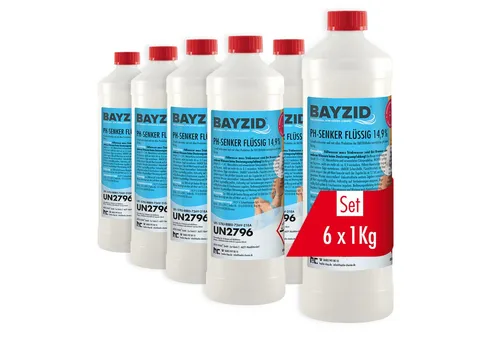 BAYZID 6x 1 kg pH Minus flüssig 14,9% für Pools - Effektiver pH Senker flüssig (14,9%) für Pools, lagerstabil und mit Kindersicherheitsverschluss. Ideal zur präzisen pH-Wert Anpassung für klares Poolwasser.