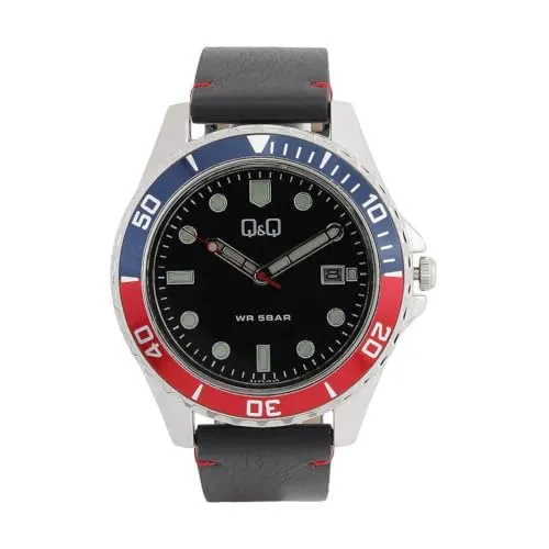 Q&Q Herrenuhr A172J342Y Schwarz (Ø 43 mm) - Armbanduhr für Männer mit elegantem Lederband und 5 atm Wasserdichtigkeit, perfekt für den täglichen Gebrauch und stilvolle Anlässe.
