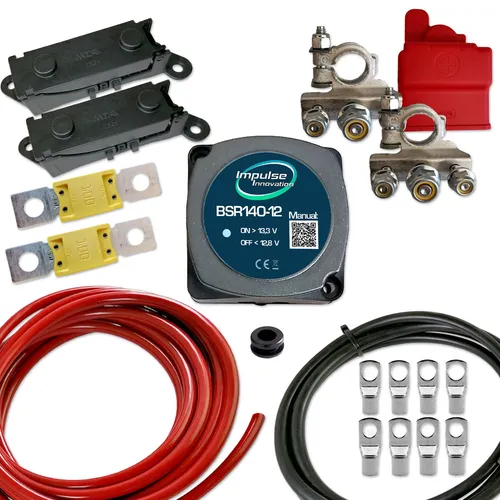Impulse Innovation BSR140-12 Automatik Trennrelais Set 12V 140A - Vollständiges Trennrelais-Set für 12V-Systeme mit automatischer Zuschaltung ab 13,3 V. Schützt die Starterbatterie vor Tiefentladung und sorgt für flexible Stromverteilung. Ideal für Wohnmobile, Boote und PKW.