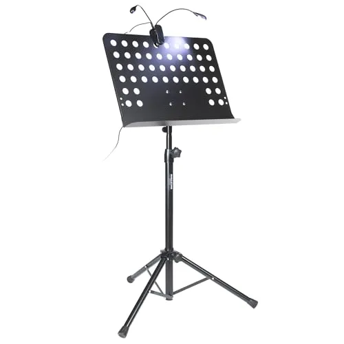 MUSIC STORE Notenständer-Set - Höhenverstellbarer Notenständer (650-1250mm) aus stabilem Stahl, leicht (3.8kg) für den Transport, inklusive LED FlexLight für optimale Beleuchtung.