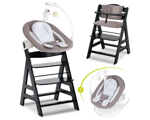 Hauck Hochstuhl Alpha Plus Black Newborn Set Deluxe, Holz Babystuhl ab Geburt inkl. Aufsatz für Neugeborene & Sitzauflage