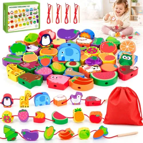 Montessori Spielzeug ab 2-3 Jahre Mädchen, Holzspielzeug Fädelspiel 42 Stk | Geschenk Mädchen 2 3 Jahre, Holz Sortier Spiele ab 2 Jahre, Lernspielzeug Motorikspielzeug mit Tiere und Obst für Feinmotorik