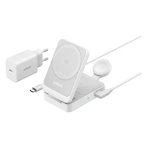 Anker MagGo 3-in-1 Ladestation - Kabellose Qi-Ladegeräte mit 15W Hochgeschwindigkeitsladung, faltbar und ideal für unterwegs. Lade iPhone, AirPods und Apple Watch gleichzeitig und spare Zeit!