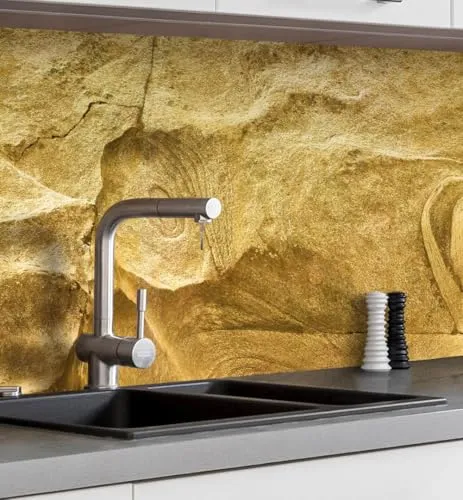 MyMaxxi Küchenrückwand Folie selbstklebend matt - einfache Montage ohne Bohren 0,4mm stark Versteift - Motiv Steinwand Sand 60cm hoch - Wandbild Küche - Wand-Deko - Steine Mauer 220 x 60cm