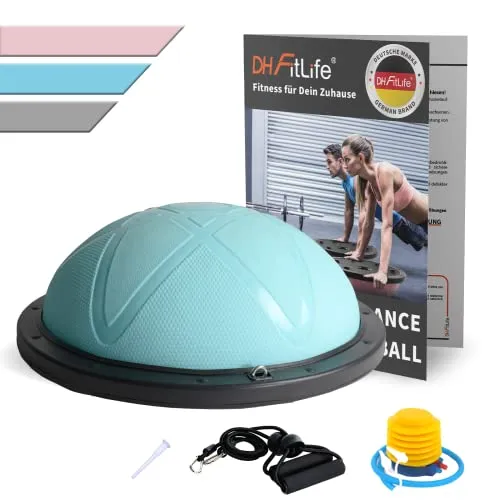 DH-FitLife Balance-Ball Yoga, blau, Ø 60cm - Beidseitig nutzbar mit Zubehör - Balanceboards für vielseitige Übungen, inkl. Luftpumpe und Fitnessbänder. Anti-Rutsch-Design für besseren Halt und bis zu 200 kg belastbar.