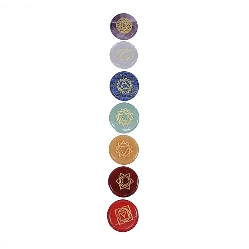 Chakra Steine Set 7 Scheibensteine mit Symbol Gravur im Baumwollbeutel