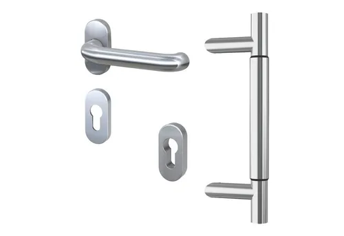 BASI Stoßgriff Variabel Komplett-SET - Türgriff Set für Haustüren, höhenverstellbar und aus robustem Edelstahl, inkl. Schutzrosette für Profilzylinder und Montagematerial. Ideal für alle gängigen Türmaterialien.