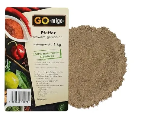 GOmigo 1kg Pfeffer Schwarz gemahlen - Premium Qualität, ideal für Snacks und Vorspeisen. Ohne Konservierungsmittel und in knuspriger Pulverform - perfekt für die Verfeinerung Ihrer Gerichte.