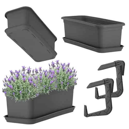 KADAX Blumenkasten 40 cm mit Untersatz und Halterung, Anthrazit – Balkonkasten aus Kunststoff, Pflanzkasten für Innen- und Außenbereiche, Blumentopf für Balkon