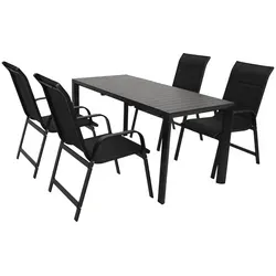 DEGAMO Garnitur LAGOS 5-teilig, Aluminium anthrazit + Kunstgewebe schwarz - Gartenmöbel-Set mit 4 Stapelsesseln und einem ausziehbaren Tisch (120-162cm), ideal für Balkone und kleine Flächen. Bequem und platzsparend!