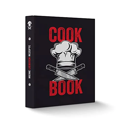 itenga Rezeptringbuch A5 Motivdruck laminiert 2-Ring-Mechanik Cook Book Kochmütze Messer schwarz rot weiß - Rezeptordner Kochrezepte-Ringbuch