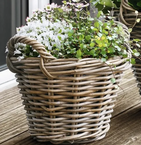 Rattan Korb Klein Korb Gefecht Griffe Garten Terrasse Pflanzenkorb Ø 29 H.24 cm