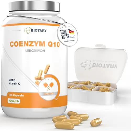 BIOTARY Coenzym Q10 6 Monate Vorrat 180 Kapseln a 200 mg incl. Pillenbox Hochdosierte Kapseln Mit Vitamin C, B3, B7, schwarzem Pfeffer Vegan hohe Bioverfügbarkeit Q10 Ubichinon