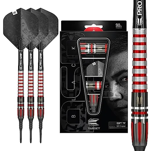 Target Darts Nathan Aspinall 18G Schwarze Edition 90% Wolfram Softdarts-Set Dartpfeile, 210153, Schwarz, Rot und Silber