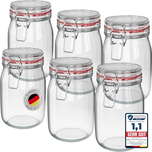 WELLGRO 6x Einmachgläser mit Bügelverschluss 1140ml - Einmachgläser für vielseitige Verwendung, luftdicht und frischhaltend. Ideal für Marmeladen, Müsli und mehr, aus robustem Glas - nachhaltig und stilvoll.