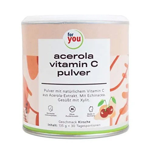 for you acerola vitamin C pulver - 135g Dose 30 Portionen - mit natürlichem Vitamin C aus Acerolafrucht-Extrakt dazu Echinacea aus Purpursonnenhutkrautpulver - 400mg bioaktives Vitamin C pro Portion