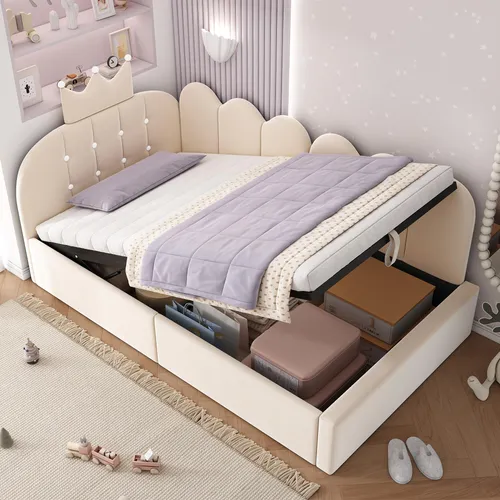MODFU Polsterbett 90x200 cm mit Stauraum und Kronen-Design