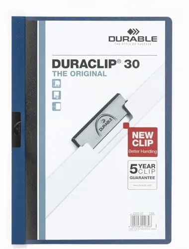 Produktbild Durable Klemm-Mappe Duraclip (Original 30, Hartfolie, bis 30 Blatt A4, Beutel à 5 Stück) dunkelblau, 222707