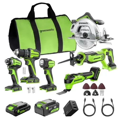 Greenworks 24V Akku Werkzeug Set 6-teilig Bohrschrauber, Schlagschrauber, Handkreissäge, Säbelsäge, Multitool & LED Lampe, 4,0Ah + 2,0Ah Akku (Powerbank), 65W Schnellladegerät