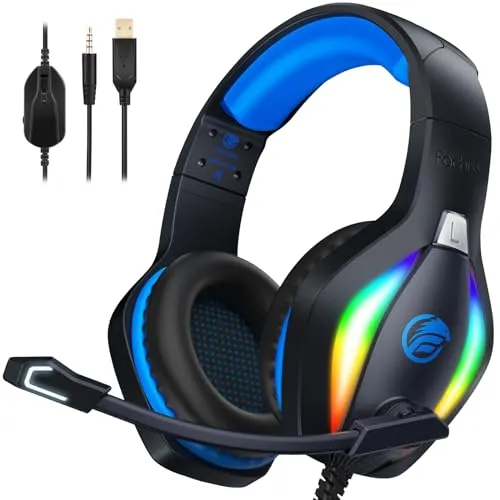 Fachixy FC100 Gaming Headset für PS4, PS5, PC, Xbox, Nintendo Switch, Gaming Kopfhörer mit Kabel und RGB Licht, Stereo Surround Kopfhörer mit Mikrofon, Noise Cancelling Gamer Headphones - BLAU