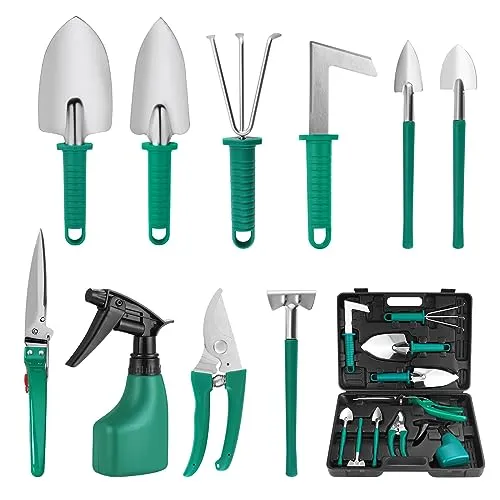 Moendergo 10St Garten Werkzeuge Set, Gartengeräte Set mit Kelle, Umpflanzmaschine, Harke, Gartenschere, Schaufeln und Wassersprühflasche (Grün)