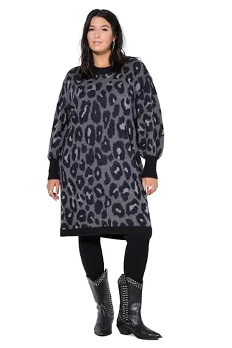 Studio Untold Damen große Größen Übergrößen Plus Size Strickkleid, Oversized, Leo-Muster, Ballonärmel anthrazit 54+ 845725110-54+