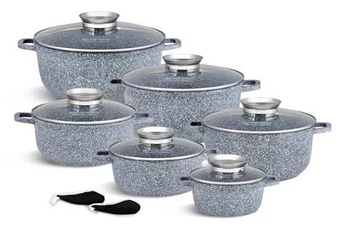 Edenberg 14-teiliges marmoriertes Topfset - Kochtöpfe mit innovativer Antihaft-Marmorbeschichtung, ideal für fettfreies Kochen und geeignet für Induktion. Inklusive Glasdeckeln mit integriertem Ölspender für optimalen Kochkomfort.