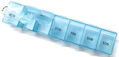 EWANTO Tablettenbox Pillendose Medikamentenbox 7 Tage Wochentage Deutsch mit Schlüsselanhänger hellblau BPA-frei