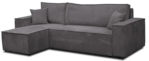 VENASI HUGO Ecksofa mit Schlaffunktion und Bettkasten in Grau - Ecksofa mit Schlaffunktion, umwandelbar in ein Bett (125×200 cm) und praktischem Bettkasten für Stauraum. Ideal für kleine Räume und flexible Raumgestaltung.