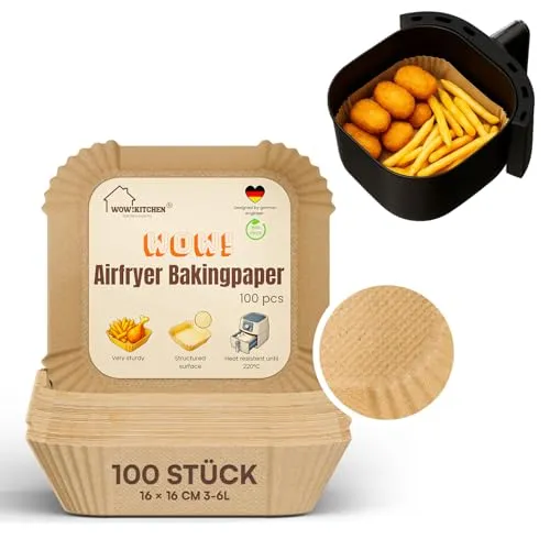 Stück Backpapier für Heißluftfritteuse Quadrat 16x16cm, 3-6 Liter, extra stabil durch strukturierte Oberfläche, Antihaft Einwegschalen airfryer backpapier, Für: Ninja, Consori, Philips 100
