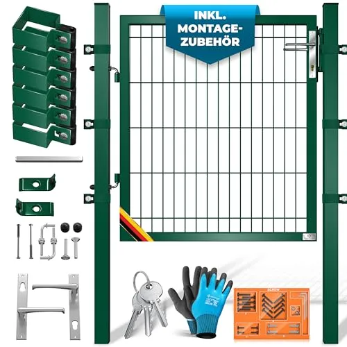 KESSER® Gartentor Premium Gartentür aus Metall verzinktem Stahl, Gartentür für Stabmattenzaun Zauntor, Hoftor, inkl. Pfosten mit Schloss Türklinke, Schlüssel & Montagezubehör, 100 x 106 cm, Grün