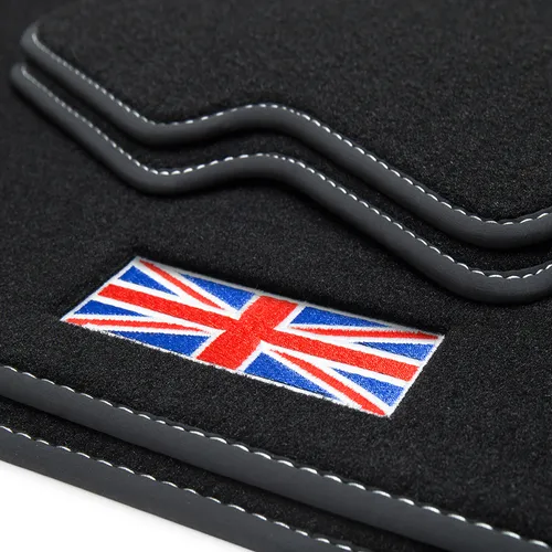 Exklusive Union Jack Fußmatten für Mini 1 I R50 R53 - Premium Velours Fußmatten für Mini 1 (Bj. 2001-2006) mit einfacher Installation, rutschfester und wasserfester Oberfläche. Perfekte Passform und stilvolles Design für den Innenraum.