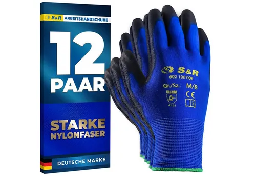 S&R Arbeitshandschuhe 12 Paar aus Nylonfaser mit Polyurethanbeschichtung (Set, 24-St., 12 Paar M / 8) geeignet für den privaten und gewerblichen Gebrauch