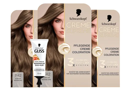 CREME SUPREME 7-42 Beigeblond 3x 182ml, 1x GLISS SOS-Intensiv-Kur Total Repair 1