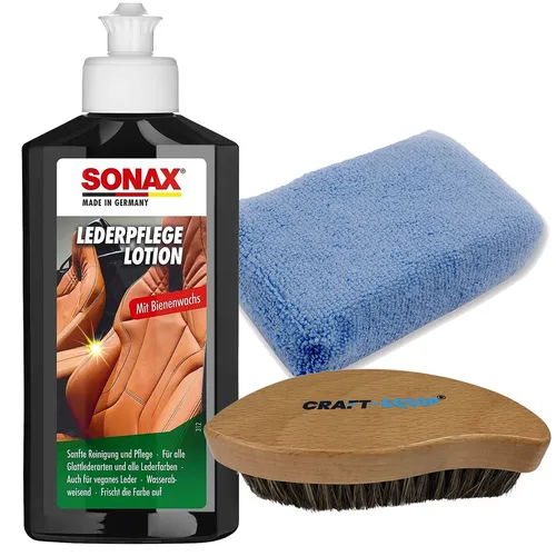 SONAX 250ml LederPflegeLotion + Microfaser Applikator + Lederbürste Set Auto Kfz