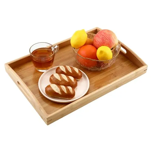 BUCOMTU Tablett Serviertablett, Rechteckiges Serviertablett Groß mit Griff, Natürliches Bambusholz, 40x28x4cm, Frühstücks Kaffeetisch Multifunktionell Belastbares Holz Tablett