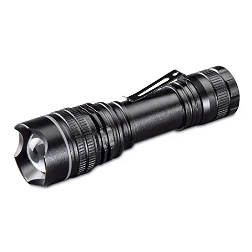 Hama LED Taschenlampe Professional - Taschenlampen mit fokussierbarem Licht, 3 Modi und Clip, ideal für Outdoor und Werkstatt, inklusive AA Batterie und 100 Lumen Helligkeit.