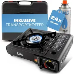 ZMC Gaskocher Gaskocher 1-flammig + Aufbewahrungskoffer + Gaskartuschen 227g Schwarz, (Butangas Campingkocher für Innenraum/Outdoor, Campinggaskocher 2,2 kW mit Piezozündung), Kochfeld Gaskocher mit Kartusche, Gaskochfeld für Camping ZMC Gaskocher + 24x Gaskartuschen 227g